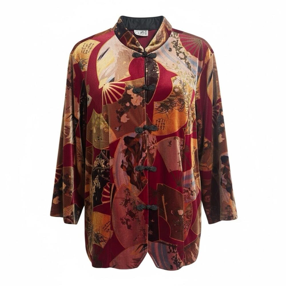 Clio II Red Velvet Jacket Floral Asian Fan Print Frog Closure Vintage Artsy XL